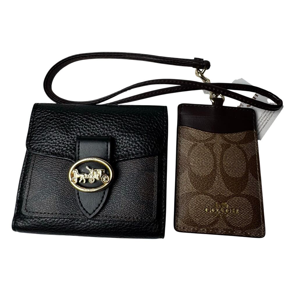 Coach Signature Card Holder Lanyard & Black Leather Wallet Set